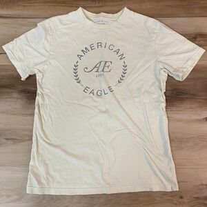 American Eagle T Shirt Mens Small Cream Super Soft Standard Fit AE Logo 1977